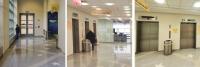 Interior views of hospital lobby and elevator bank