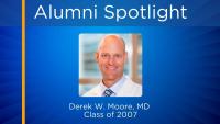 Graphic depicting Derek Moore's headshot in the center of a spotlight with blue background