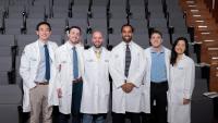 Group photo of the Columbia Orthopedics Residency Class of 2027 (L-R) Aaron Chen, Xavier Ferrer, Cole Morriessette, Sohil Desai, Michael Mastroianni, D. Joanna Kim
