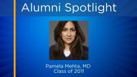 Graphic with dark blue background featuring NYOH Alumni Spotlight and headshot of Dr. Pamela Mehta